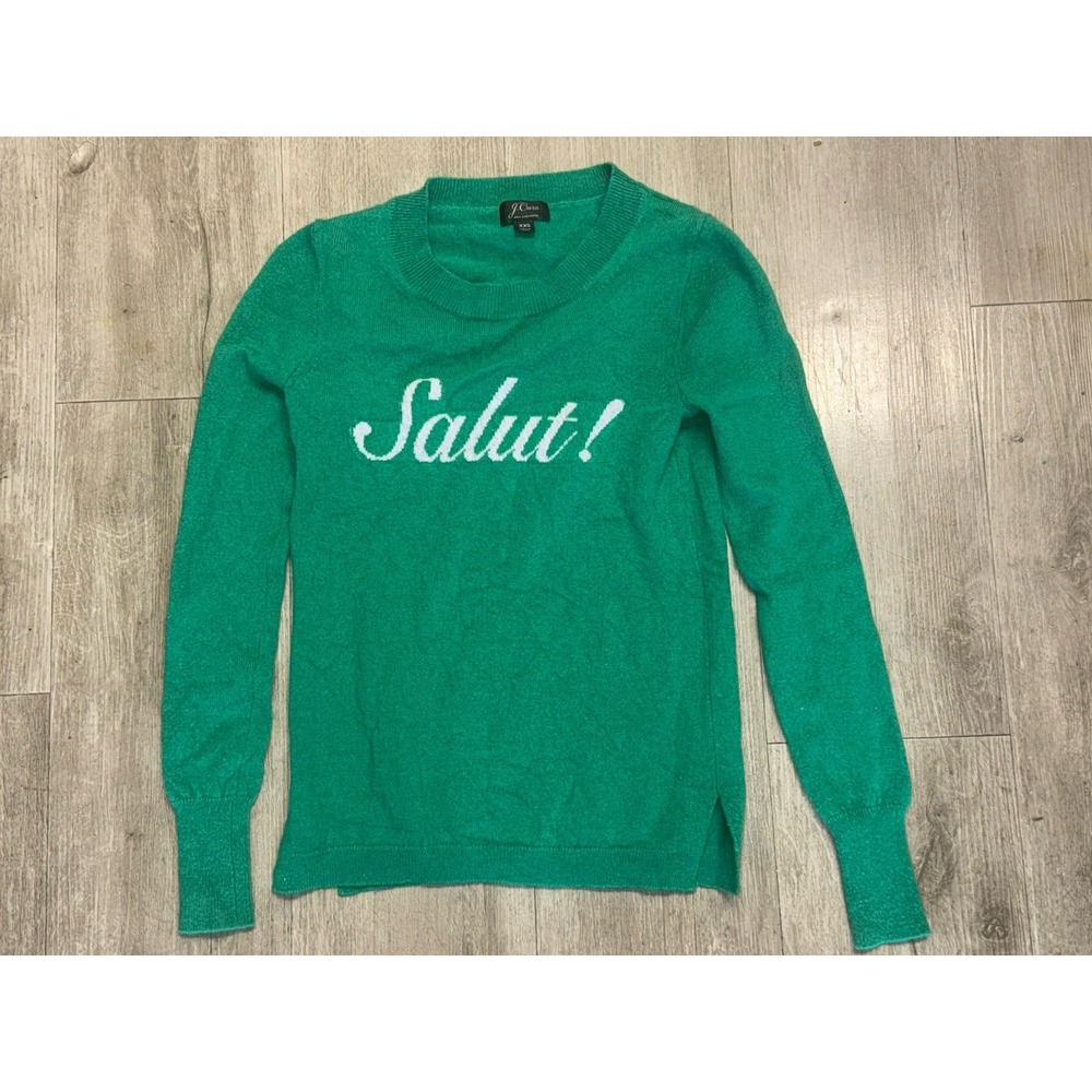 J.Crew Cashmere Blend Green "Salut!" Sweater Women's XXS Crewneck
